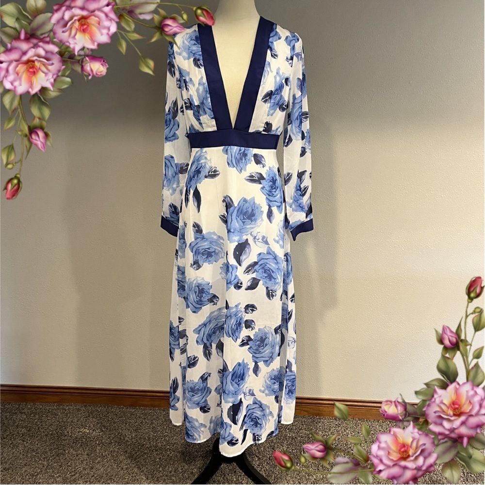 Blue Floral V-Neck Midi Dress